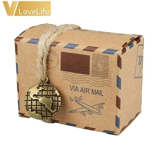 Planet Gates with Globe Souvenirs Boxes 50 pcs Kraft Travel Theme Air Mail Wedding Favor Gift Box Candy Pack Festive Party Supplies