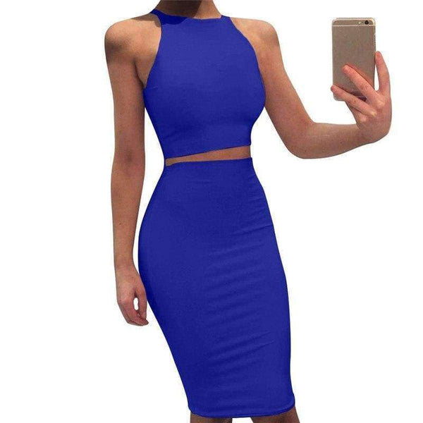 Planet Gates Women 2 Piece Party Dress 2018 Solid Sleeveless O-Neck Bodycon Dresses Vestidos Sexy Off Shoulder Knee-Length Dress Two Piece