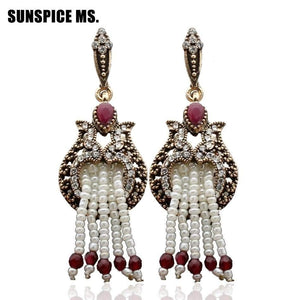 Planet Gates Women Beaded Long Hook Flower Earrings Antique Gold Color Bead Tassels Bridal Earrings India Wedding Jewelry