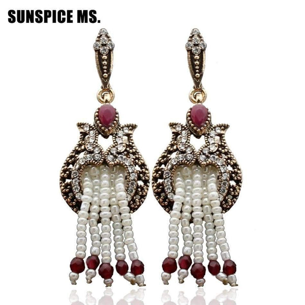 Planet Gates Women Beaded Long Hook Flower Earrings Antique Gold Color Bead Tassels Bridal Earrings India Wedding Jewelry