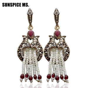Planet Gates Women Beaded Long Hook Flower Earrings Antique Gold Color Bead Tassels Bridal Earrings India Wedding Jewelry