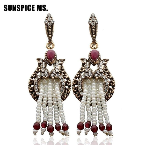 Planet Gates Women Beaded Long Hook Flower Earrings Antique Gold Color Bead Tassels Bridal Earrings India Wedding Jewelry