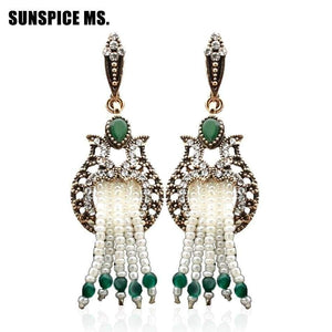 Planet Gates Women Beaded Long Hook Flower Earrings Antique Gold Color Bead Tassels Bridal Earrings India Wedding Jewelry