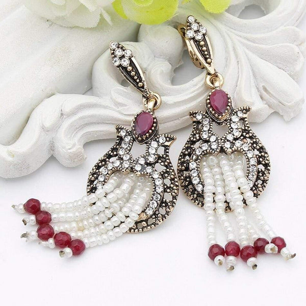 Planet Gates Women Beaded Long Hook Flower Earrings Antique Gold Color Bead Tassels Bridal Earrings India Wedding Jewelry