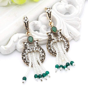 Planet Gates Women Beaded Long Hook Flower Earrings Antique Gold Color Bead Tassels Bridal Earrings India Wedding Jewelry