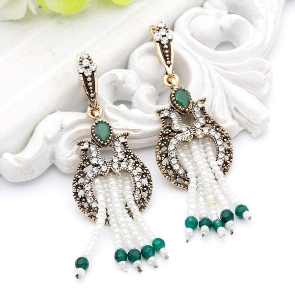 Planet Gates Women Beaded Long Hook Flower Earrings Antique Gold Color Bead Tassels Bridal Earrings India Wedding Jewelry