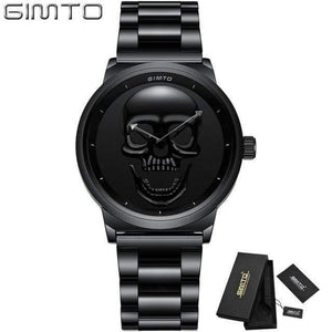 Planet Gates Women Black Box Fashion Casual Gold Lover's Skull Watch Stainless Steel Unique 3D Skeleton Pattern Women Men Watches Couple Wristwatch