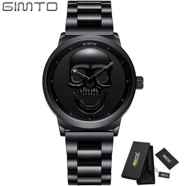 Planet Gates Women Black Box Fashion Casual Gold Lover's Skull Watch Stainless Steel Unique 3D Skeleton Pattern Women Men Watches Couple Wristwatch