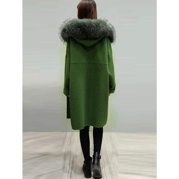 Planet Gates Women coat winter  faux fur  warm outwear casual  mid- long-coat green one button loose plus size 2XL wool long coat women