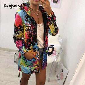 Planet Gates Women Coats And Jackets For Autumn Multicolor Zipper Female Hooded Outwear Long Style Drawing Lady Hoodie Tops