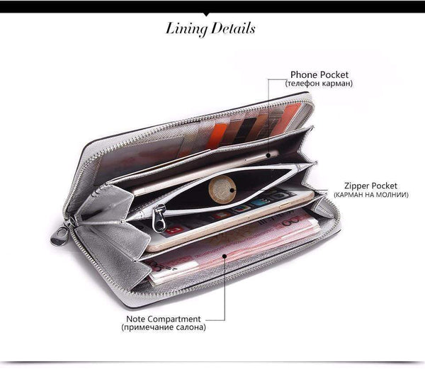 Planet Gates Women Cow Leather Clutch Ladies Continent Purses Metalic Genuine Leather Wallets Cell Phone Holder Hot Sale