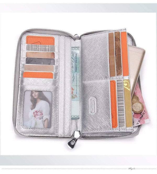 Planet Gates Women Cow Leather Clutch Ladies Continent Purses Metalic Genuine Leather Wallets Cell Phone Holder Hot Sale