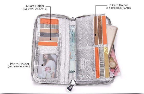 Planet Gates Women Cow Leather Clutch Ladies Continent Purses Metalic Genuine Leather Wallets Cell Phone Holder Hot Sale