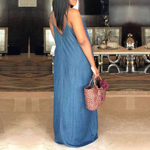 Planet Gates Women Denim Dress 2018 Sexy Strapless Sleeveless Beach Maxi Long Dresses V Neck Backless Casual Loose Plus Size Vestidos
