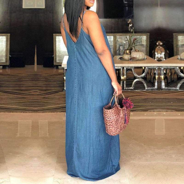 Planet Gates Women Denim Dress 2018 Sexy Strapless Sleeveless Beach Maxi Long Dresses V Neck Backless Casual Loose Plus Size Vestidos