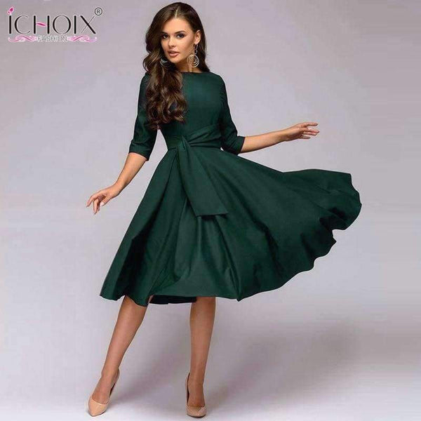 Planet Gates Women dresses 2018 solid a line dress elegant office slim party dress sashes vestidos de festa women clothing robe