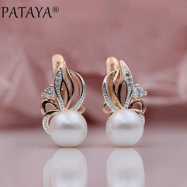 Planet Gates Women Exclusive Flame Type 585 Rose Gold Shell Pearls Drop Earrings White Natural Zircon RU Hot Party Wedding Jewelry