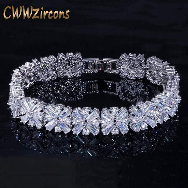 Planet Gates Women Fashion Jewelry Gorgeous Silver Color Spring Flower Cubic Zirconia Connected Tennis Bracelet for Wedding CB010
