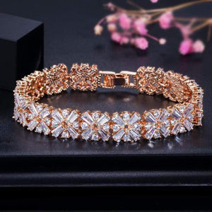 Planet Gates Women Fashion Jewelry Gorgeous Silver Color Spring Flower Cubic Zirconia Connected Tennis Bracelet for Wedding CB010