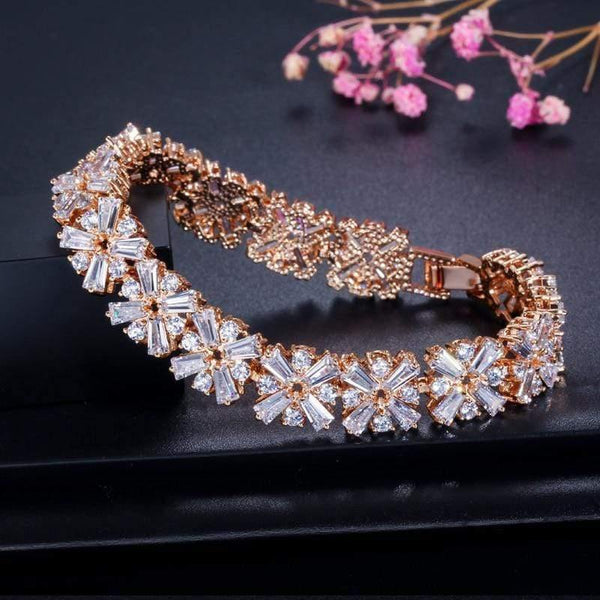 Planet Gates Women Fashion Jewelry Gorgeous Silver Color Spring Flower Cubic Zirconia Connected Tennis Bracelet for Wedding CB010
