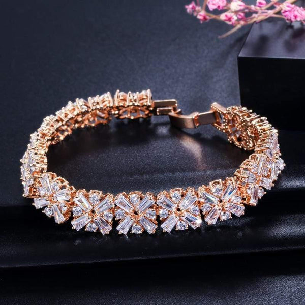 Planet Gates Women Fashion Jewelry Gorgeous Silver Color Spring Flower Cubic Zirconia Connected Tennis Bracelet for Wedding CB010