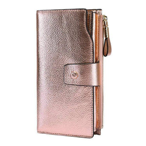 Planet Gates Women Genuine Leather RFID Blocking Functional Wallet Vintage Long Glint Card Holder Zipper Coin Purse Iphone Galaxy