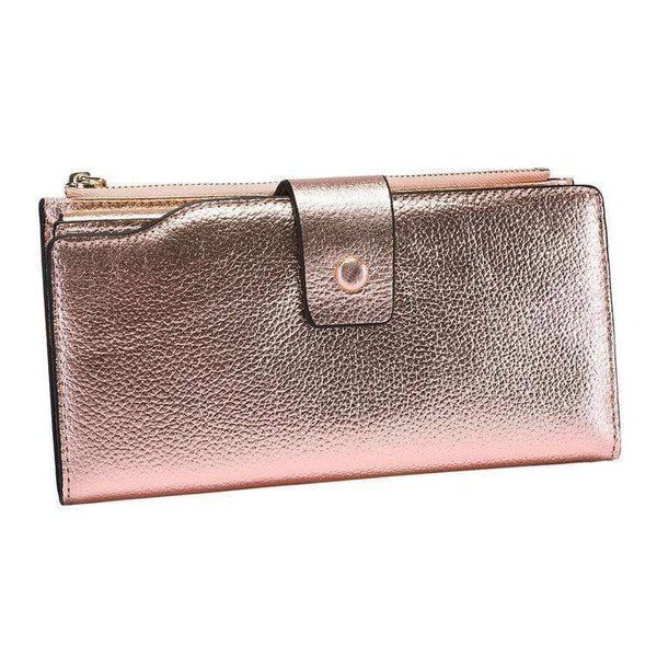 Planet Gates Women Genuine Leather RFID Blocking Functional Wallet Vintage Long Glint Card Holder Zipper Coin Purse Iphone Galaxy