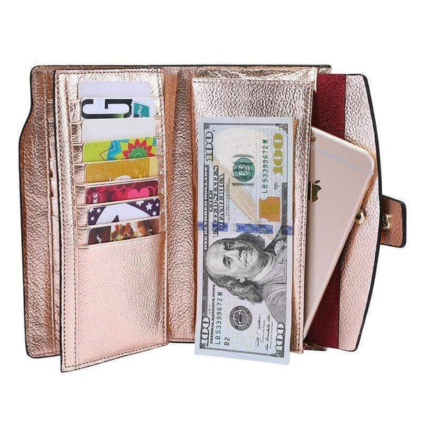 Planet Gates Women Genuine Leather RFID Blocking Functional Wallet Vintage Long Glint Card Holder Zipper Coin Purse Iphone Galaxy