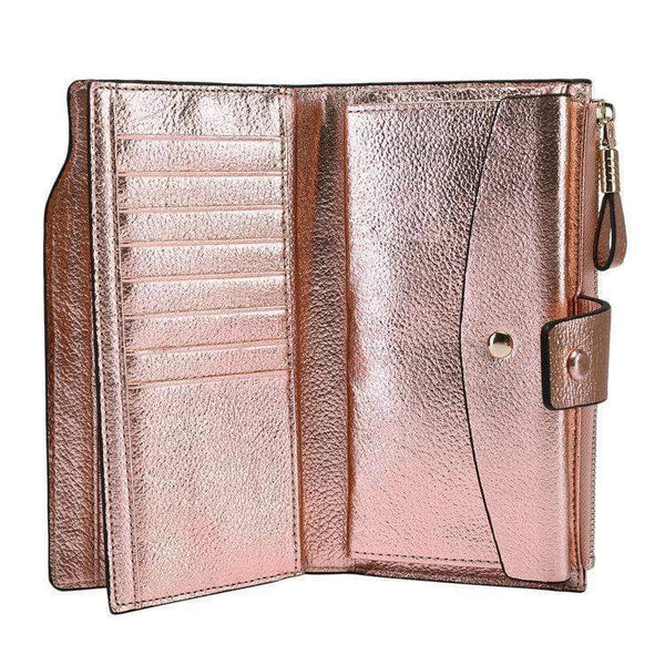 Planet Gates Women Genuine Leather RFID Blocking Functional Wallet Vintage Long Glint Card Holder Zipper Coin Purse Iphone Galaxy
