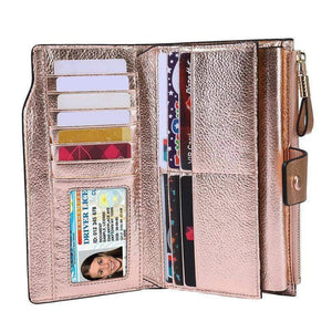 Planet Gates Women Genuine Leather RFID Blocking Functional Wallet Vintage Long Glint Card Holder Zipper Coin Purse Iphone Galaxy
