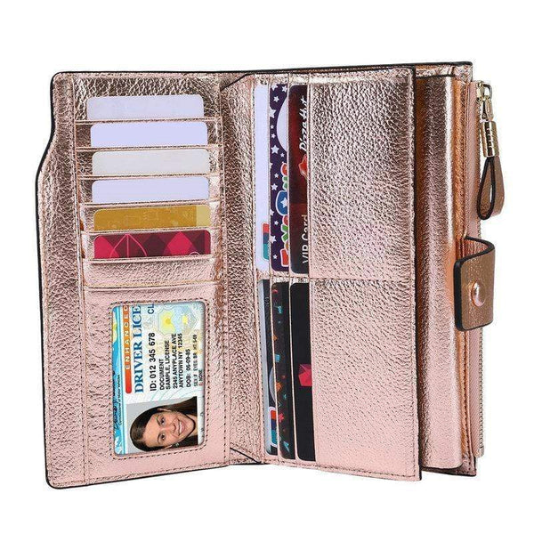 Planet Gates Women Genuine Leather RFID Blocking Functional Wallet Vintage Long Glint Card Holder Zipper Coin Purse Iphone Galaxy