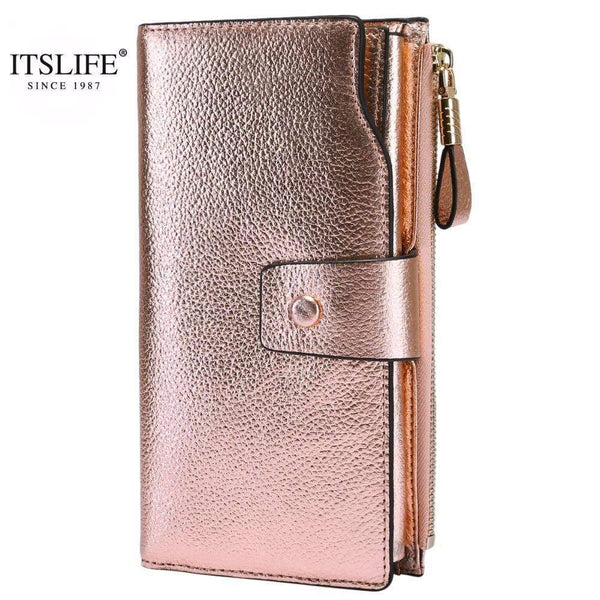Planet Gates Women Genuine Leather RFID Blocking Functional Wallet Vintage Long Glint Card Holder Zipper Coin Purse Iphone Galaxy