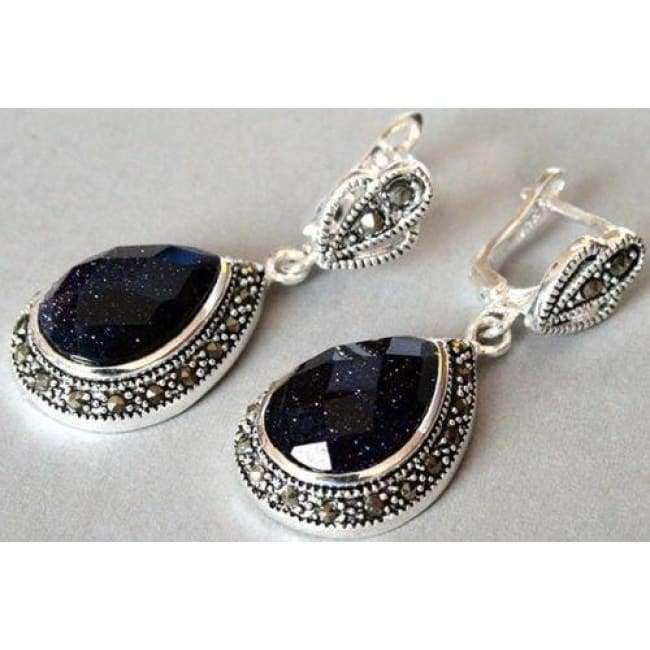 Planet Gates Women Gift word Love real wb003 Faceted Shiny Blue goldstone Marcasite Silver Dangle Earring (N0413) women silver-jewelry