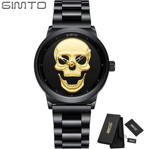 Planet Gates Women Gold Box Fashion Casual Gold Lover's Skull Watch Stainless Steel Unique 3D Skeleton Pattern Women Men Watches Couple Wristwatch