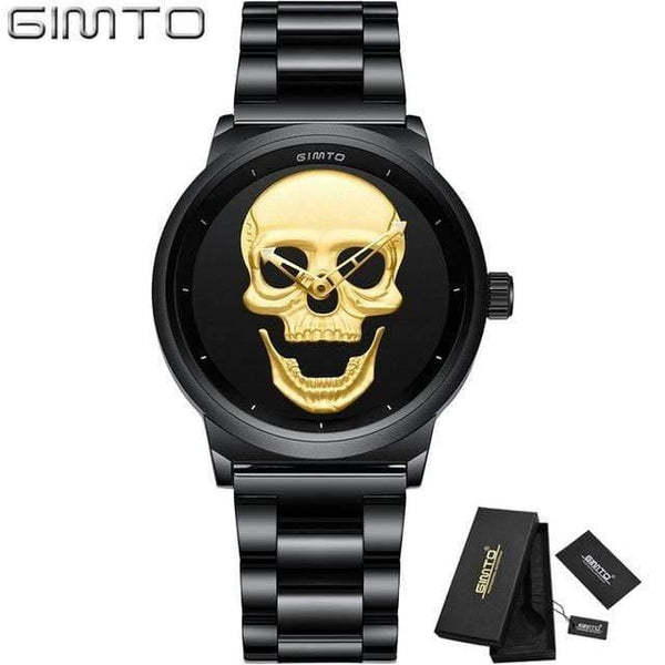 Planet Gates Women Gold Box Fashion Casual Gold Lover's Skull Watch Stainless Steel Unique 3D Skeleton Pattern Women Men Watches Couple Wristwatch