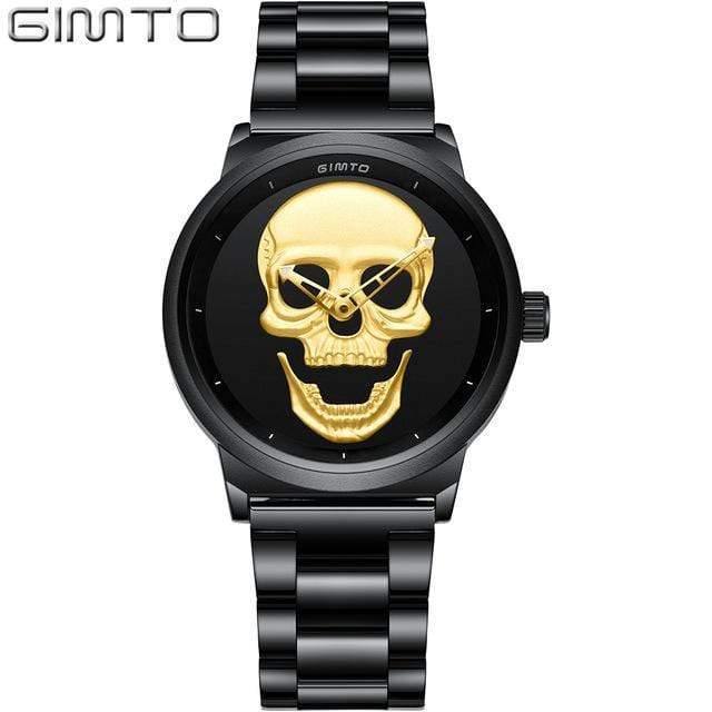 Planet Gates Men Black Fashion Casual Gold Lover's Skull Watch Stainless Steel Unique 3D Skeleton Pattern Women Men Watches Couple Wristwatch