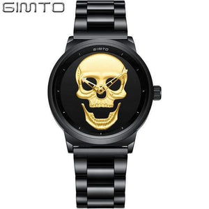 Planet Gates Women Gold Fashion Casual Gold Lover's Skull Watch Stainless Steel Unique 3D Skeleton Pattern Women Men Watches Couple Wristwatch