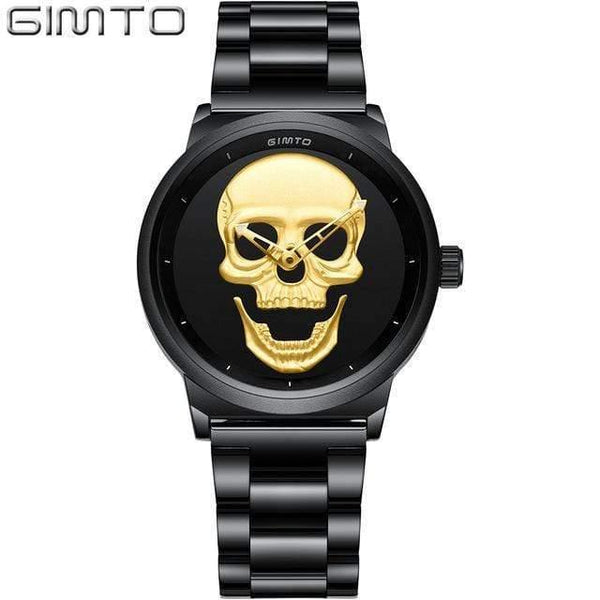 Planet Gates Women Gold Fashion Casual Gold Lover's Skull Watch Stainless Steel Unique 3D Skeleton Pattern Women Men Watches Couple Wristwatch