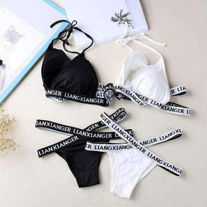 Planet Gates Women Halter Lounge Underwear Comfortable Wireless Beachwear Lingerie Bra Set Black and White Cotton Bras Sets