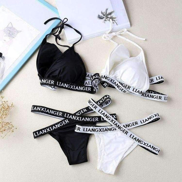 Planet Gates Women Halter Lounge Underwear Comfortable Wireless Beachwear Lingerie Bra Set Black and White Cotton Bras Sets