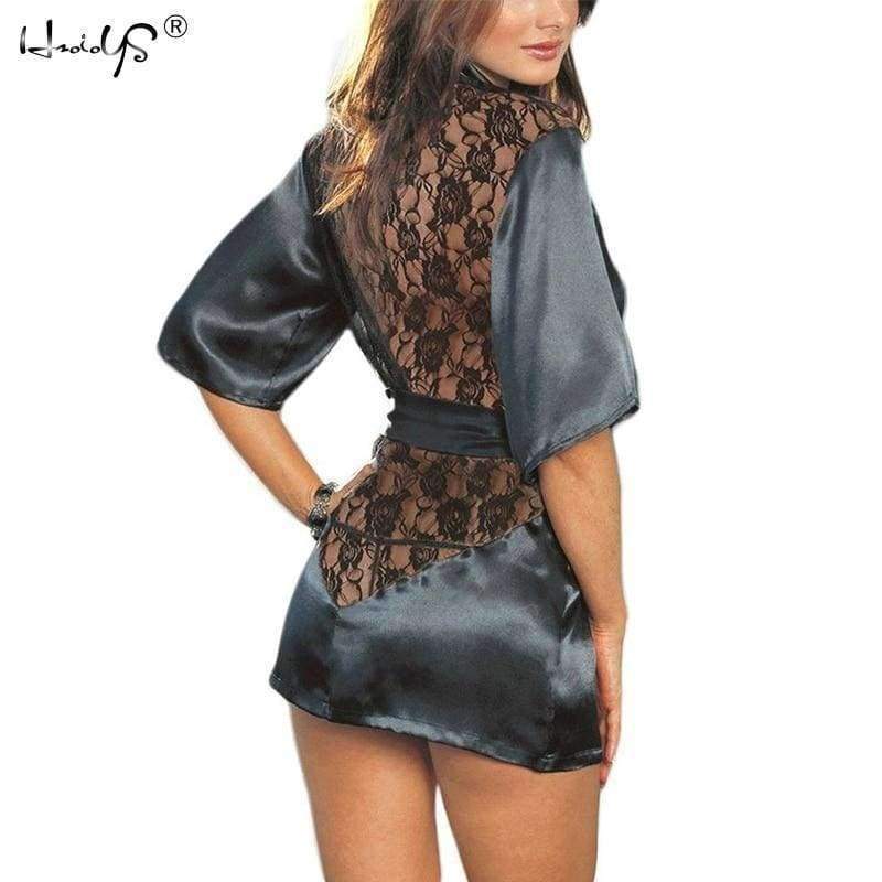 Planet Gates Women Imitation Silk intimate pyjamas 2/pcs Sets Robe + G-string underwear lace mesh slips dress sheer sexy lingerie half slips