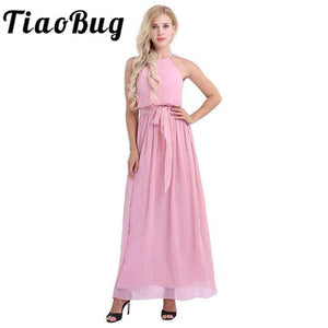 Planet Gates Women Ladies Sleeveless Halter Chiffon Bridesmaid Dresses Full Length Prom Gown Pleated A-Line Long Wedding Party Dress