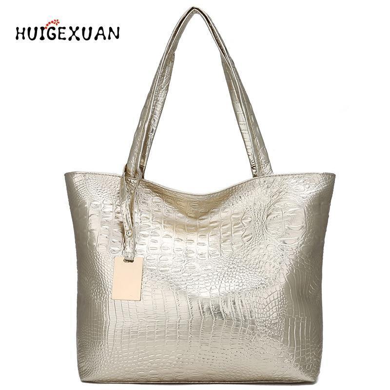 Planet Gates Women Large Capacity Handbags Soft PU Leather Crocodile Bag Ladies Casual Shopping Tote Bags Shoulder Bags Sac Main Silver Gold