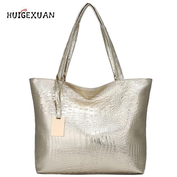 Planet Gates Women Large Capacity Handbags Soft PU Leather Crocodile Bag Ladies Casual Shopping Tote Bags Shoulder Bags Sac Main Silver Gold