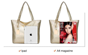 Planet Gates Women Large Capacity Handbags Soft PU Leather Crocodile Bag Ladies Casual Shopping Tote Bags Shoulder Bags Sac Main Silver Gold