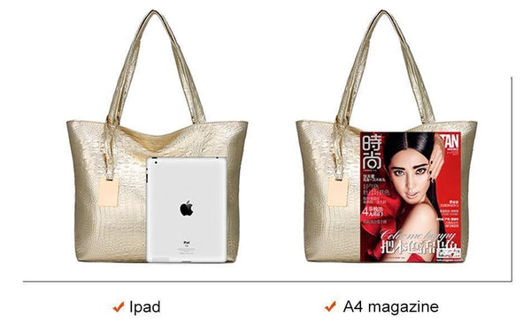 Planet Gates Women Large Capacity Handbags Soft PU Leather Crocodile Bag Ladies Casual Shopping Tote Bags Shoulder Bags Sac Main Silver Gold