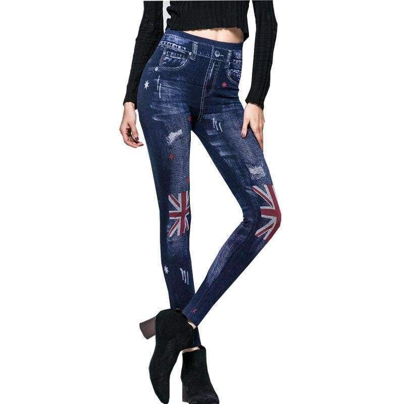 Planet Gates Women Leggings 2018 Autumn Imitation Jeans Leggings Slim Mock Pocket Woman Print Jeggings Ladies Skinny Trousers