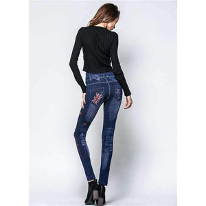 Planet Gates Women Leggings 2018 Autumn Imitation Jeans Leggings Slim Mock Pocket Woman Print Jeggings Ladies Skinny Trousers