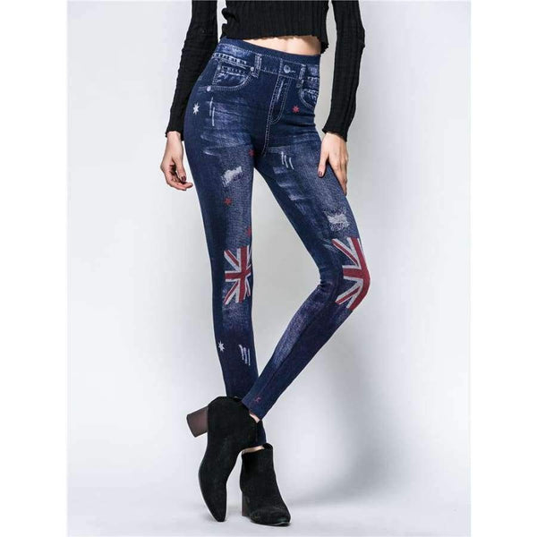 Planet Gates Women Leggings 2018 Autumn Imitation Jeans Leggings Slim Mock Pocket Woman Print Jeggings Ladies Skinny Trousers