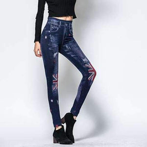 Planet Gates Women Leggings 2018 Autumn Imitation Jeans Leggings Slim Mock Pocket Woman Print Jeggings Ladies Skinny Trousers
